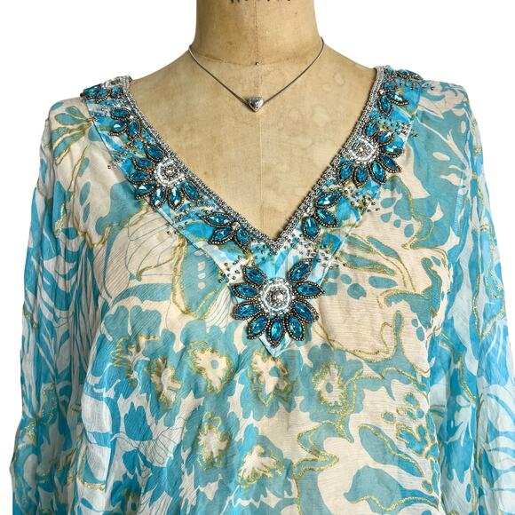 Anie Turquoise Beaded Fairycore Blouse Boho Size Medium - Picture 4 of 9